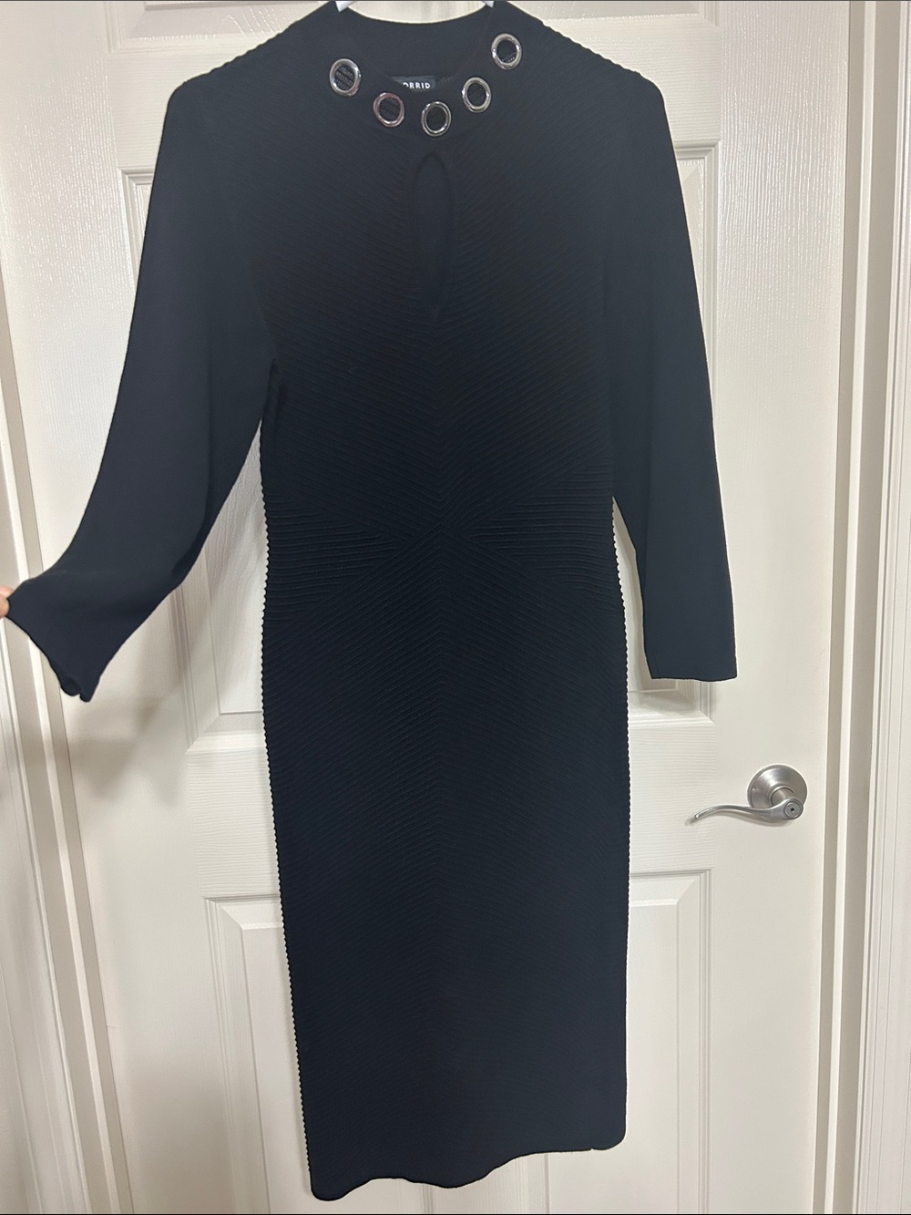 Torrid Black Midi Dress with Grommet Neckline Bodycon Ribbed Chevron Design